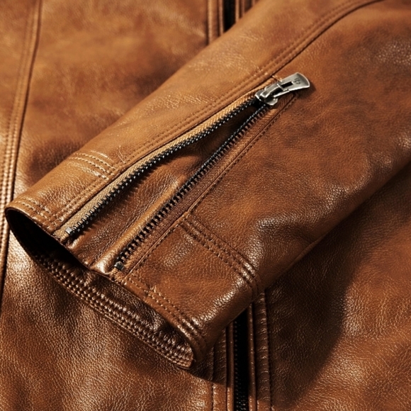 Mens Brown Faux Leather Motorcycle Jacket - Picture 5 of 10